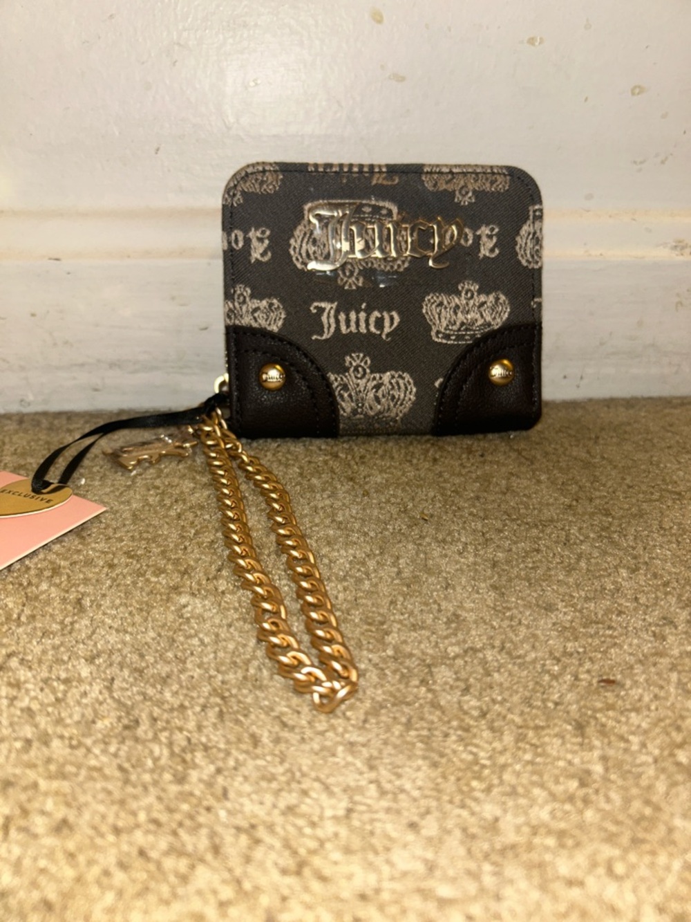 Juicy Couture Brown Monogram Zip Wallet with Gold Chain